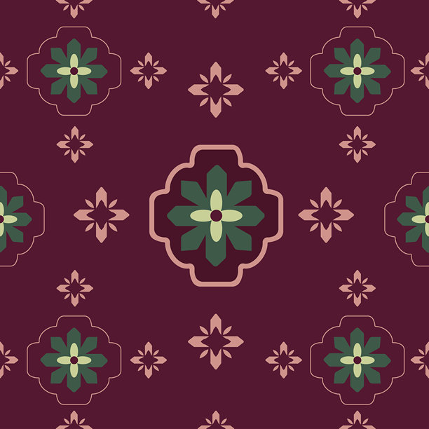 森林绿色和酒红色背景的复古花卉瓷砖图案图片下载