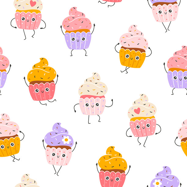 杯形蛋糕甜点无缝图案，配有有趣的吉祥物角色。可爱的卡通手绘涂鸦，色彩丰富。非常适合婴儿设计、印刷、包装和纺织品。创意的幼儿园背景。图片下载