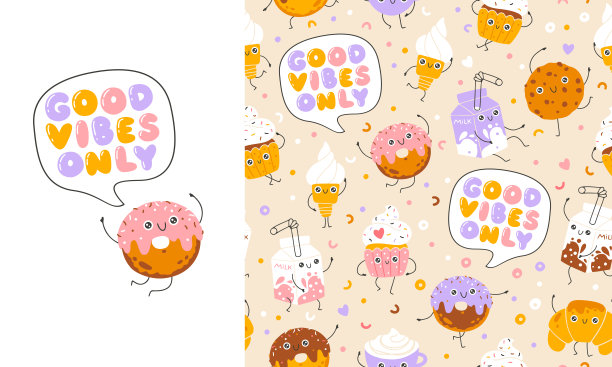 甜点糖果无缝图案，配有有趣的吉祥物角色。可爱的卡通手绘涂鸦，色彩丰富。非常适合婴儿设计、印刷、包装和纺织品。创意的幼儿园背景。图片下载