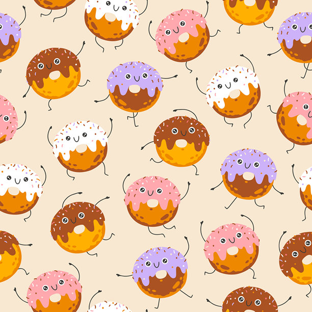 甜甜圈糖果无缝图案，配有有趣的吉祥物角色。可爱的卡通手绘涂鸦，色彩丰富。非常适合婴儿设计、印刷、包装和纺织品。创意的幼儿园背景。图片下载