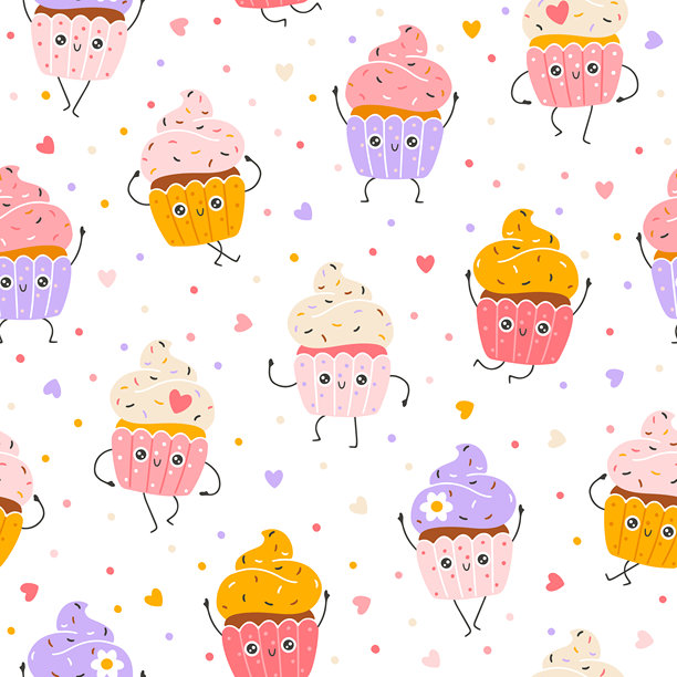 杯形蛋糕甜点无缝图案，配有有趣的吉祥物角色。可爱的卡通手绘涂鸦，色彩丰富。非常适合婴儿设计、印刷、包装和纺织品。创意的幼儿园背景。图片下载