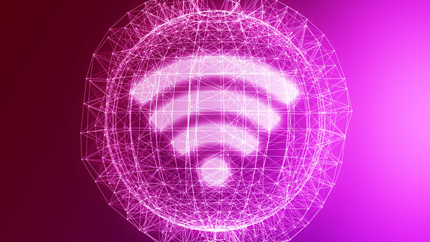 未来感的蓝色发光Wi-Fi符号，背景为黑色暗影，带有模糊反射。信号应用，连接标志，霓虹灯。商业色彩概念。现代设计。3D渲染的库存照片。图片下载