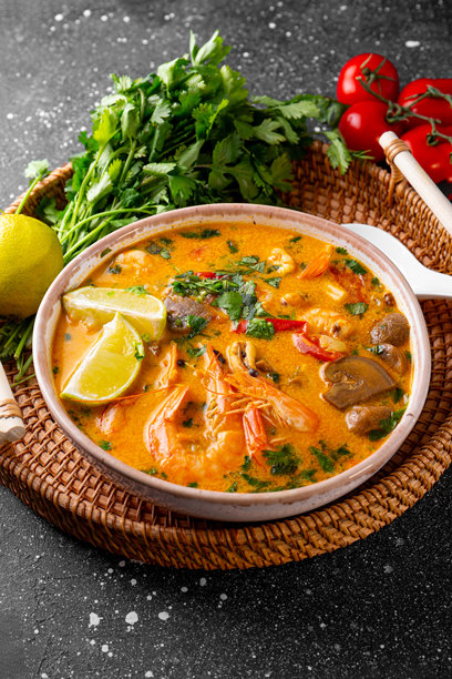 泰国冬阴功汤，配有虾、海鲜和青柠，背景为深色的竖版照片图片下载