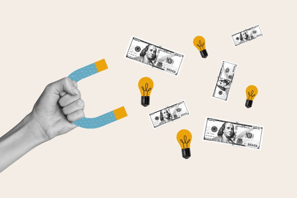 复合艺术作品照片拼贴模板，手握磁铁，获取钞票的创意灯，金融市场货币美元收益图片下载