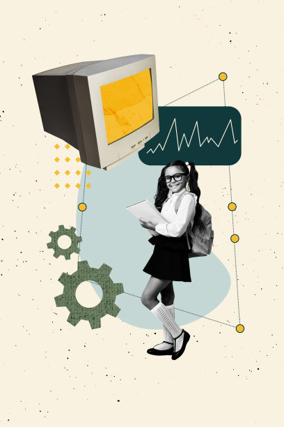 3D照片拼贴模板趋势艺术作品，年轻女孩微笑着站着，手持笔记本，电脑显示器，回到学校，远程教育。图片下载