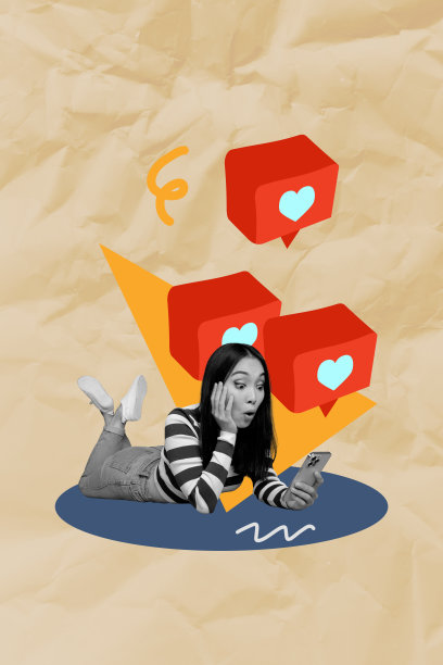 趋势艺术作品复合横幅 3D 照片拼贴，年轻女士躺着惊讶地看着手机，心形博客热门帖子，点赞和订阅图片下载