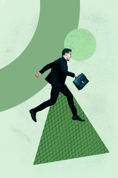 垂直海报艺术照片拼贴，快乐的女商人和男商人站在几何图形前，展示职业发展进步统计数据图片下载