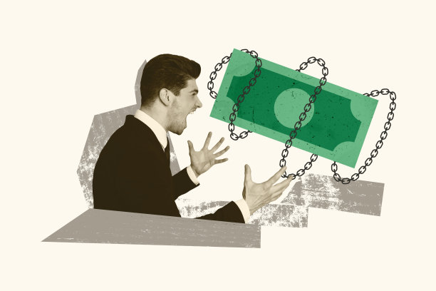 商业人士的复合素描艺术作品，3D照片拼贴，表现出尖叫的钞票、链锁、金融投资者、商业缩减、经济破产。图片下载