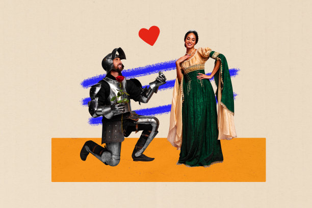 战士复古骑士士兵英雄服装年轻男子向公主求婚，递上戒指的海报照片拼贴设计趋势图片下载