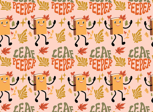 复古秋季圆形徽章设计，带有书本吉祥物的无缝图案，适合植物观察者的 herbarium 学校作业。图片下载