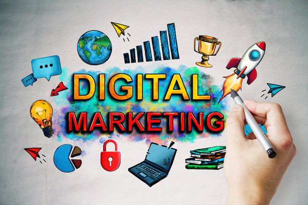 数字营销概念，带有多彩的草图图标和手绘元素，背景为明亮的墙面，适用于创意商业和品牌研讨会。图片下载