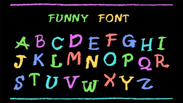 用蜡笔手绘的英文字母。彩色大写字母，采用粉笔、粉彩或蜡笔风格。在白板上有荧光笔效果，适合幼儿绘画和学习。搞笑的卡通矢量图。图片下载