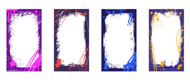 城市街头涂鸦喷涂背景框架集，用于社交媒体。带有喷枪线条和斑点的涂鸦模板。适用于照片的墨水和油漆朋克装饰。多彩的纹理叠加。矢量插图。图片下载