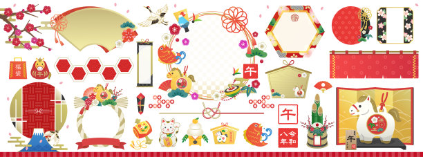2026年马年贺卡素材，装饰框架套装，无文字版本，中国生肖插图。日本新年。图片下载