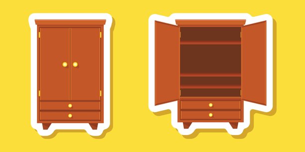 平面风格的橱柜贴纸图标。独立背景上的衣柜储物矢量插图。抽屉柜标志商业概念。图片下载
