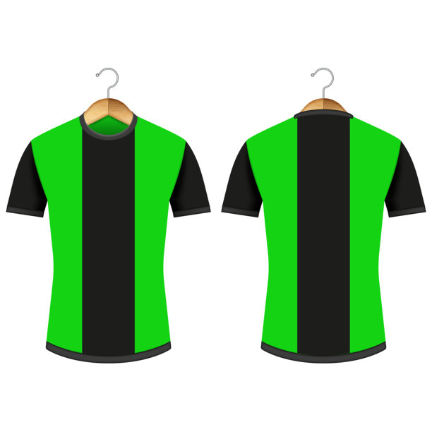 绿色和黑色的逼真足球球衣挂在衣架上，正面和背面视图，背景为白色，运动服设计插图，适用于足球队制服和运动服品牌。图片下载
