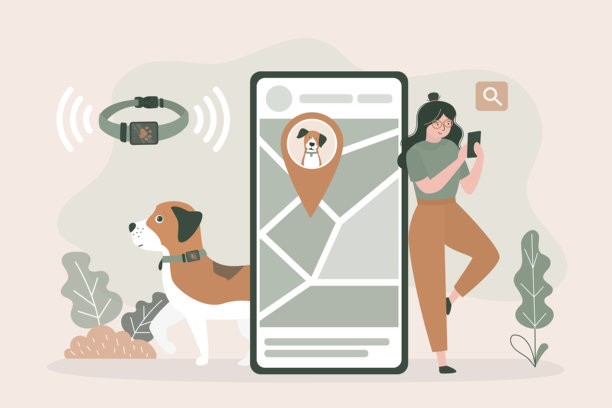 主人通过智能手机控制动物位置。无线追踪系统，狗狗佩戴GPS项圈，位置追踪应用，地图标记。宠物安全解决方案。图片下载