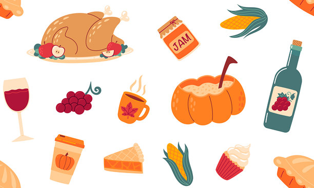 感恩节无缝图案。秋季节日背景。传统美食，丰收节，南瓜，火鸡和派，玉米，葡萄酒和丰收。手绘平面矢量插图图片下载