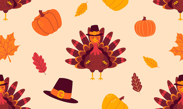 感恩节无缝图案。秋季节日背景。戴着朝圣者帽子的火鸡、南瓜和秋天的树叶。手绘平面矢量插图图片下载