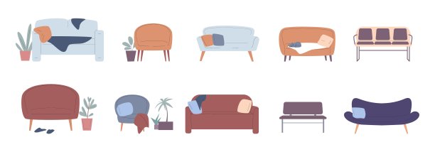 客厅室内家具。不同的沙发、椅子、室内植物。办公室候客区沙发、公共空间的长椅和靠垫，矢量剪贴画。图片下载