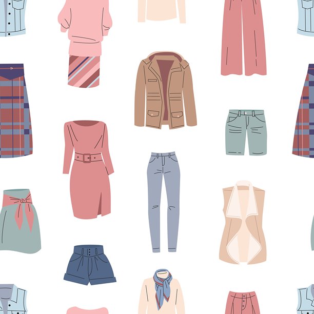 服装无缝图案。时尚短裤、长裤、牛仔裤。连衣裙和夹克，时尚背心。独立的潮流服饰元素，印刷，矢量背景图片下载