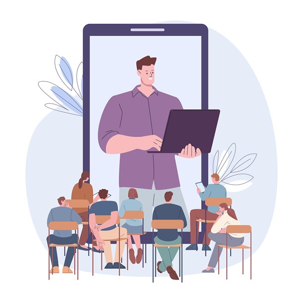 在线学习。学生小组坐在椅子上，面对智能手机屏幕，聆听年轻教授的讲解。企业培训，数字讲座，教育矢量概念。图片下载