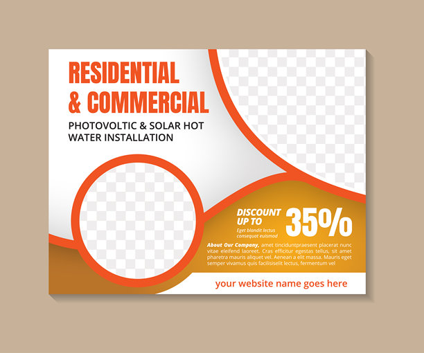 横向布局的抽象海报横幅设计模板集合，标题为“住宅和商业光伏及太阳能热水安装”，背景为白色渐变，留有照片拼贴的空间。图片下载