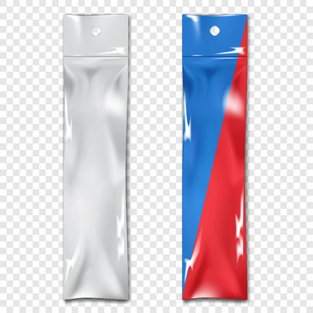 透明塑料悬挂棒包装袋。空白白色和颜色设计。逼真的矢量模型。空长聚乙烯袋包装。3D模型。透明PVC包装袋。易于编辑的模板。图片下载