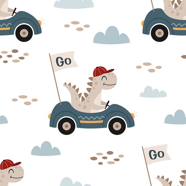 可爱恐龙驾驶汽车的无缝图案。卡通风格的酷炫恐龙角色。矢量背景。图片下载