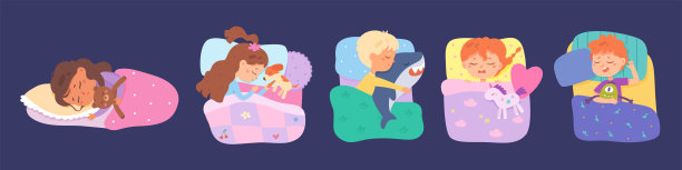 抱着毛绒玩具的睡觉孩子，孩子们在舒适的床上安静地与玩偶一起休息。可爱的矢量睡前插图展示了男孩和女孩在睡觉时拥抱他们最喜欢的玩具。图片下载