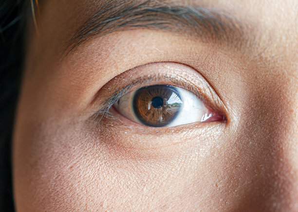 特写镜头展示了一位亚洲女性美丽的棕色眼睛，妆容自然。此高质量照片非常适合美容、护肤或眼部护理的概念，突显了优雅与魅力。图片下载