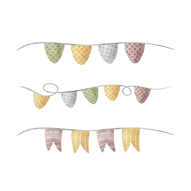 一组黄色、绿色和紫色的花环旗帜。水彩万圣节插图，手绘儿童风格。适合设计明信片、节日邀请、幼儿园装饰的圣诞节孤立背景图片。图片下载