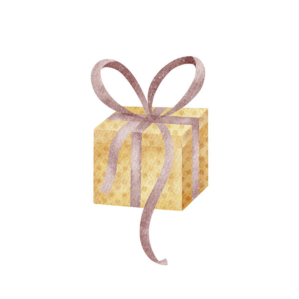 紫色蝴蝶结的礼品方盒。手绘的水彩万圣节插图，采用儿童风格的黄色。适合用于明信片、邀请函等节日设计的独立圣诞图片。图片下载