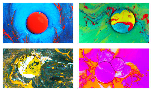 四张抽象宏观照片，展示了水中鲜艳的墨水和颜料。非常适合大胆、色彩丰富的背景和艺术设计项目。图片下载
