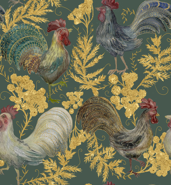 无缝复古图案，手绘公鸡与金色植物元素在米色背景上。非常适合用于面料、壁纸、包装和乡村主题的数字项目。图片下载