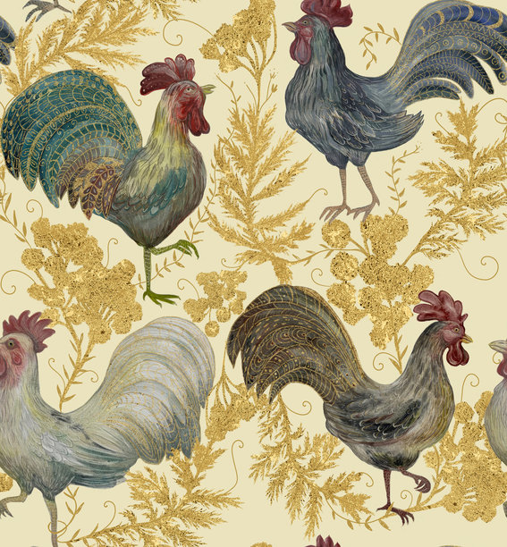 无缝复古图案，手绘公鸡与金色植物元素在米色背景上。非常适合用于面料、壁纸、包装和乡村主题的数字项目。图片下载