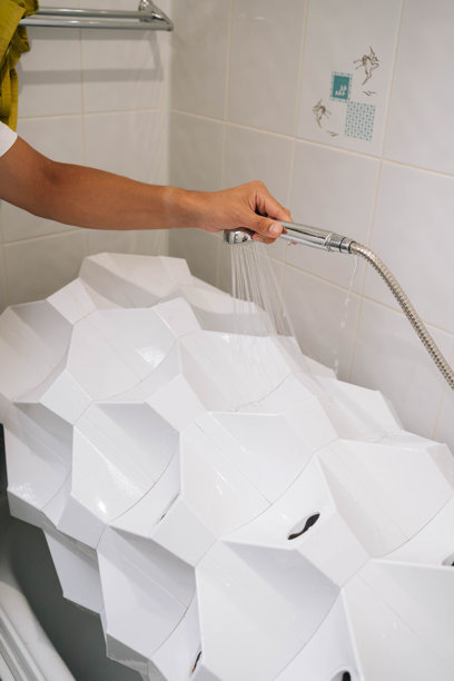 垂直裁剪的照片，男人手持淋浴头，在浴室中为水培系统浇水，展示了室内园艺的可持续和创新方法。图片下载