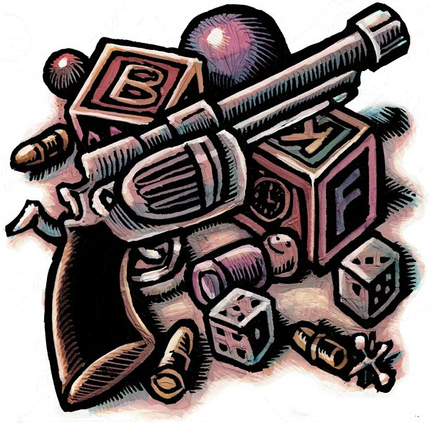 手枪与儿童积木、骰子和其他玩具一起摆放图片下载