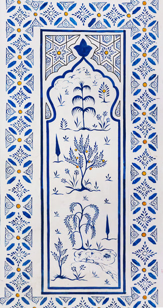 乌兹别克斯坦撒马尔罕的传统花卉装饰，手绘植物图案图片下载