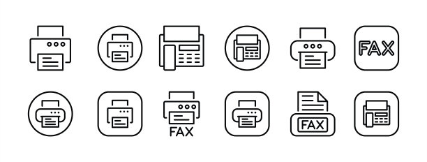 打印机图标集。包含打印文档按钮、办公室传真联系人、复制文本、打印输出、纸张页面、打印机技术、喷墨打印。矢量插图图片下载