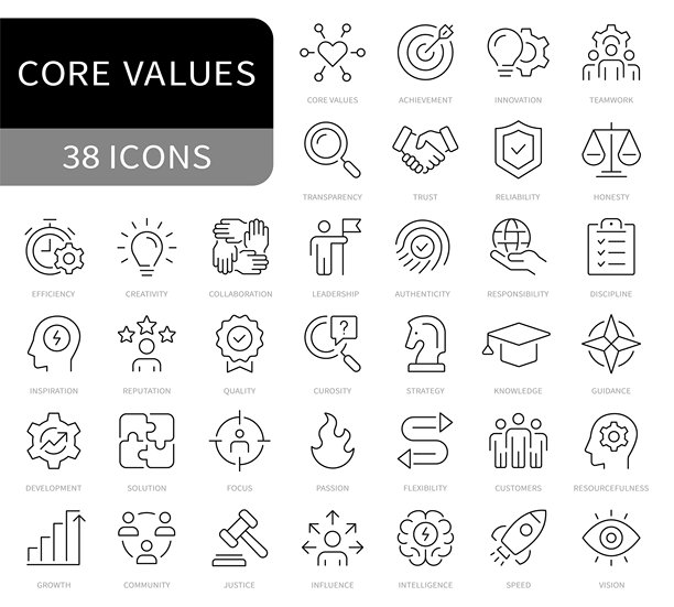 核心价值观线条图标，可编辑的线条，矢量图。图片下载