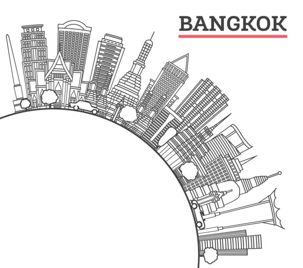 曼谷泰国城市天际线，现代与历史建筑轮廓，独立于白色背景。曼谷城市风景，包含地标和留白空间。图片下载