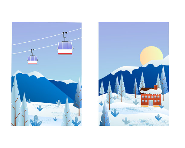 冬季风景插图。雪山、缆车与树木。滑雪度假村插图，适合旅行设计。平面矢量图集。图片下载