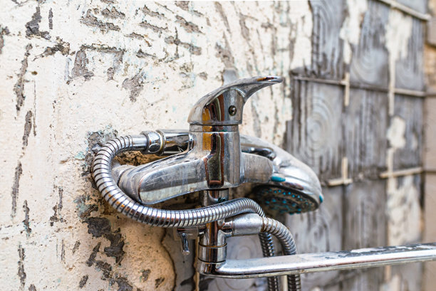 旧住宅老式浴室水龙头、淋浴，墙面准备铺砖，欧洲风格修缮。室内装修。图片下载