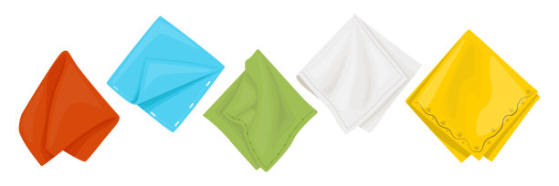 一套美丽的卡通风格餐巾。彩色折叠餐巾的矢量插图，适合餐桌使用，图案包括：红色、蓝色、绿色、白色、黄色，背景为白色。图片下载