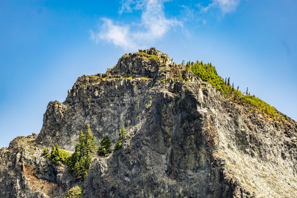 戏剧性的阿尔卑斯山峰被郁郁葱葱的常青森林环绕，明亮的蓝天上飘着白云。这是一张完美的风景照片，适合旅行、冒险、徒步旅行和自然灵感项目。图片下载