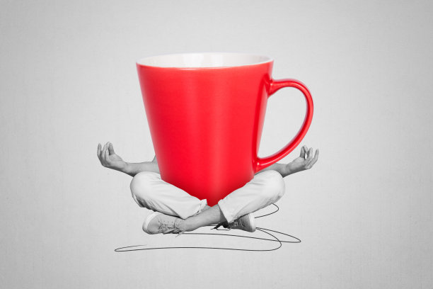 海报图像：完整的3D照片拼贴，匿名女孩与咖啡杯、饮用草本茶、清晨的幸福、瑜伽。图片下载