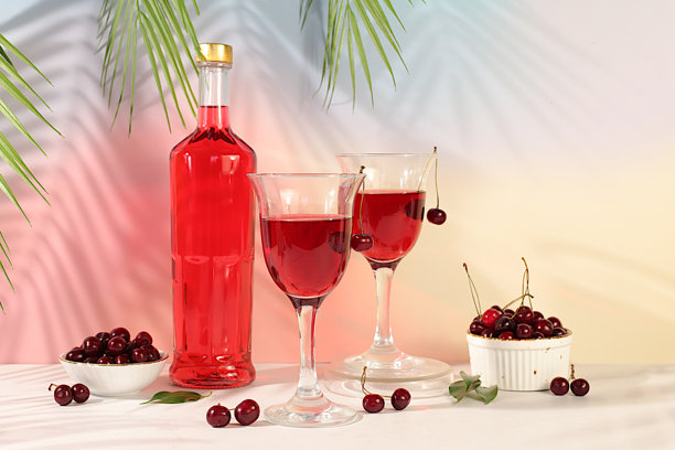 现代静物，红酒杯与樱桃和浆果。排毒饮食与节日聚会概念，秋季维生素饮品，酒吧或餐厅的广告横幅，照片菜单。图片下载