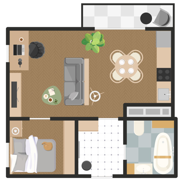 公寓平面图的俯视图，包含家具、走廊、浴室、客厅、厨房、卧室和阳台。图片下载