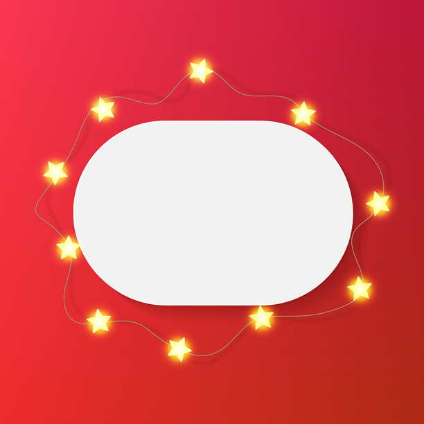 装饰有灯泡串花环的横向椭圆形相框。红色背景上的照片海报矢量3D圆形板，带有节日星星花环装饰的空白纸卡。产品展示台俯视图。图片下载